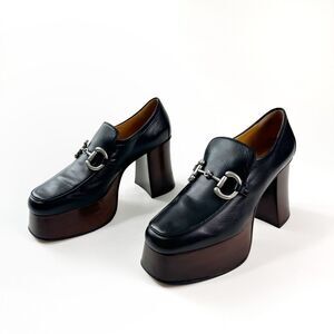 GUCCI Black Baby Horsebit Platform Heeled Loafer Size 38 US 8 Leather Chunky